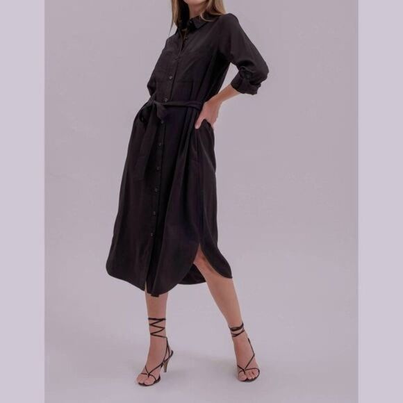 Blu Pepper Mine Black Dress Button Front Matching Belt Midi NWT Sz Medium - Picture 9 of 9